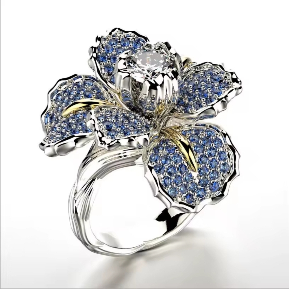 Silver and Blue Floral Ring